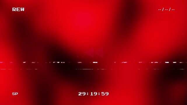 Retro old VHS rewind animation with red light leaks and analog video defects featuring a countdown timer and glitchy tracking lines on a dark background