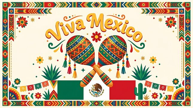 Viva Mexico celebration banner. Traditional maracas and festive patterns for Cinco de Mayo.