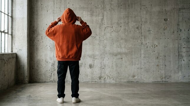 Urban Streetwear Man in Orange Hoodie Facing Concrete Wall Background for Website Landing Page, Social Media Ad Banner, and Lifestyle Blog Header