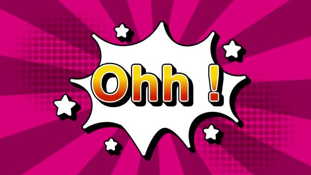 Ohh text word lettering popup comic cartoon reveal with bomb and smoke explosion manga anime book page dots with radial speed lines doodle pink background with seamless loop animation retro clip