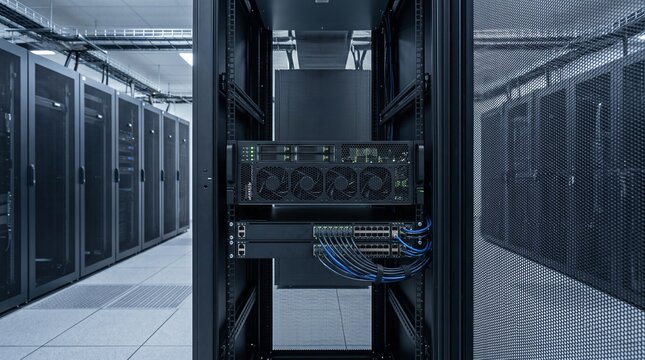Enterprise GPU server rack in data center. High performance computing cluster hardware unit.