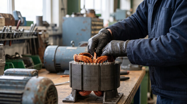 Technician winding copper wire in workshop