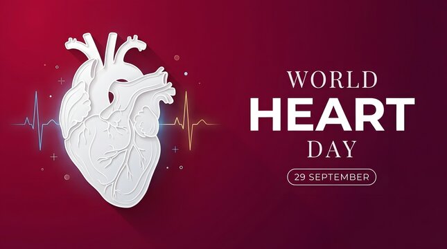 World Heart Day banner with anatomical heart and ECG pulse line on dark red background