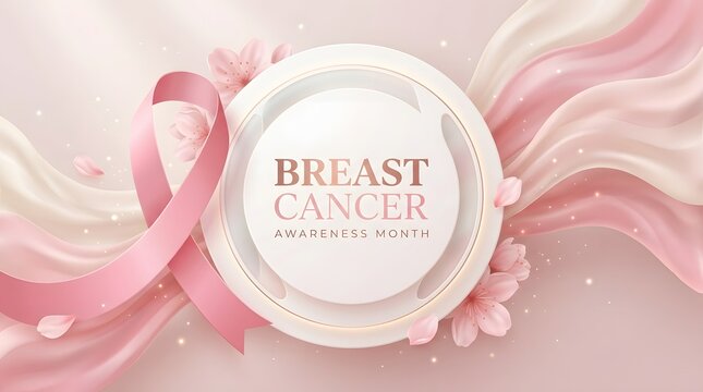 Breast Cancer Awareness Month banner with pink ribbon and round label on soft pink background