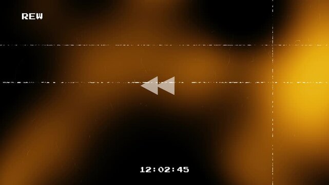 Retro VHS rewind screen with orange light leaks and a digital timecode counting backwards on a black background featuring glitch effects and vintage film defects