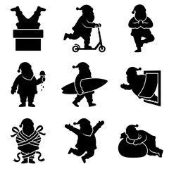 Obraz premium Weihnachten lustig vector santa silhouette funny bundle. Stencil icons of claus stuck in chimney, riding a scooter, carrying a surfboard, eating ice cream, and doing yoga.