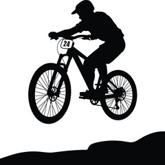Fototapeta premium Black silhouette of a mountain biker jumping in the air on a bicycle with a race number plate on a white background, for sports