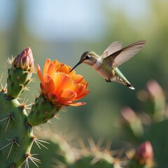 Fototapeta premium Small hummingbird hovers near bright orange cactus flower. Tiny bird flies in air drink nectar from desert plant bloom. Wildlife scene with green foliage background in sunny weather. Exotic animal