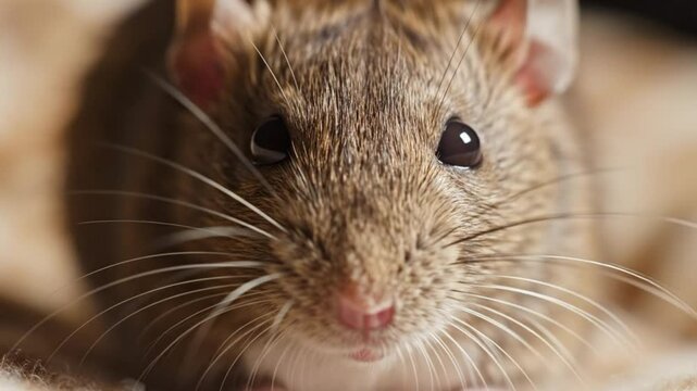 Close up view of a small cute brown mouse with bright shiny eyes looking directly at the camera