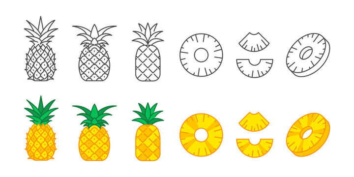 Pineapple vector icon set. It includes pieces, slices, and a whole fruit. Editable Vector Stroke.