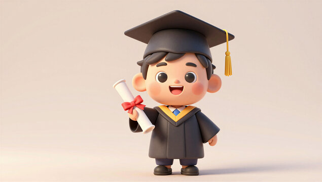 3D Cute Graduation Boy with Certificate for Education Success Concept