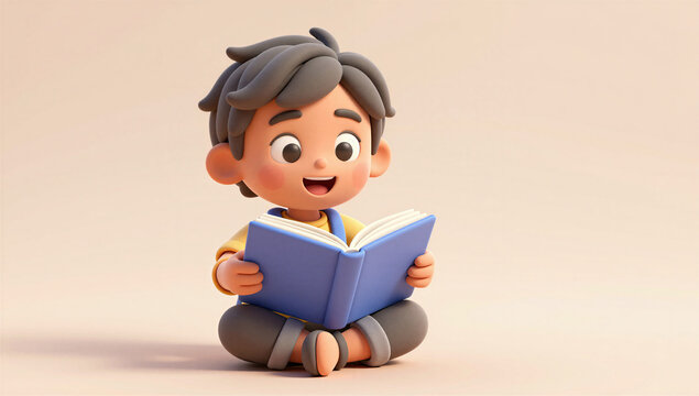 Cute 3D Boy Reading Book Cartoon Character Illustration
