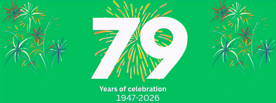 79 Years of Pakistan Independence Day Banner, Modern Green 14 August Celebration Background with Festive Fireworks, Vector Template for 2026