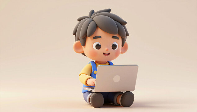 Cute 3D Boy Using Laptop Cartoon Character Illustration