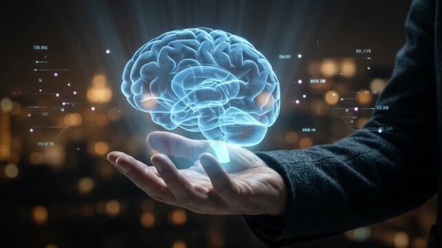 Glowing Artificial Intelligence Brain Hologram Pulses Above Open Hand with Data Particles