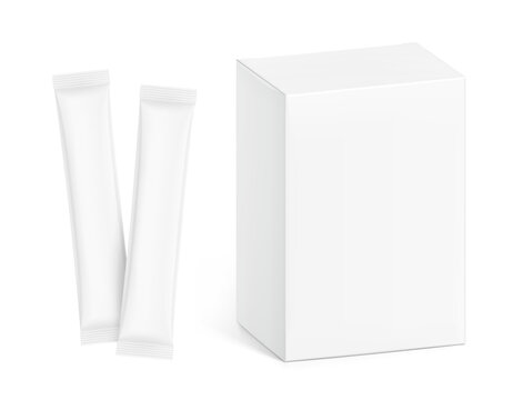 Blank package stick sachet mockup with paperboard box mockup for design, branding, presentation of product. 3D hight realistic vector illustration isolated on white background. Scalable. EPS10.