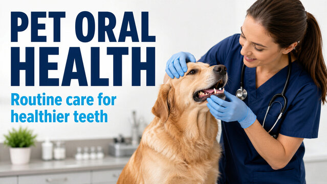 Routine care for healthier teeth for pets in a veterinary office with a woman and a dog during a dental checkup