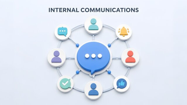 3D network diagram illustrating internal communications with a central chat bubble connecting employee icons and notifications.