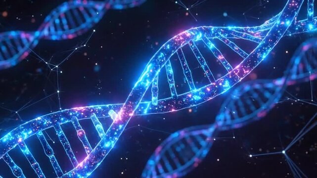 Glowing digital double helix strands floating in dark space