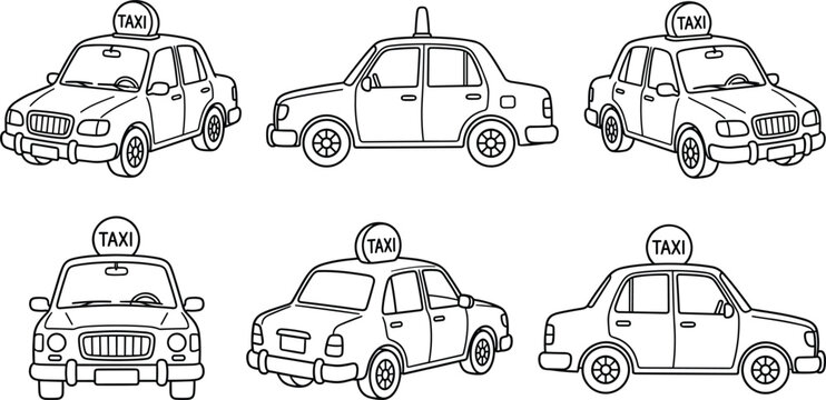 Taxi cab vehicle vector illustration set showing different angles and views in minimalist black line art.eps