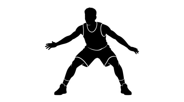 Basketball player silhouette in defensive stance, athletic male basketballer vector, sport professional athlete in uniform on white background