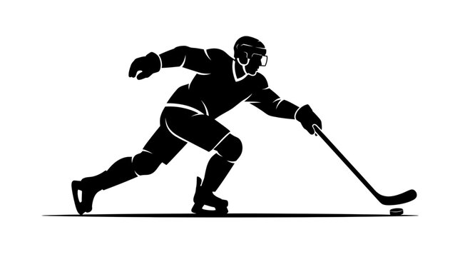 Ice hockey player silhouette vector, professional athlete skating with stick and puck, dynamic winter sports action figure for team logo or apparel