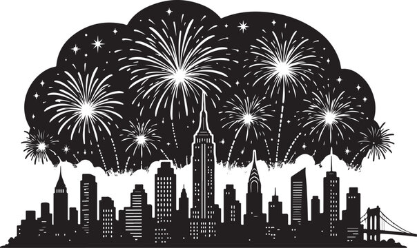 Fireworks exploding over a city skyline silhouette in black and white