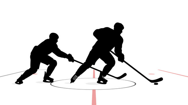 Ice hockey players silhouette on rink, professional athletes in action with sticks and puck, winter sports vector illustration for competition