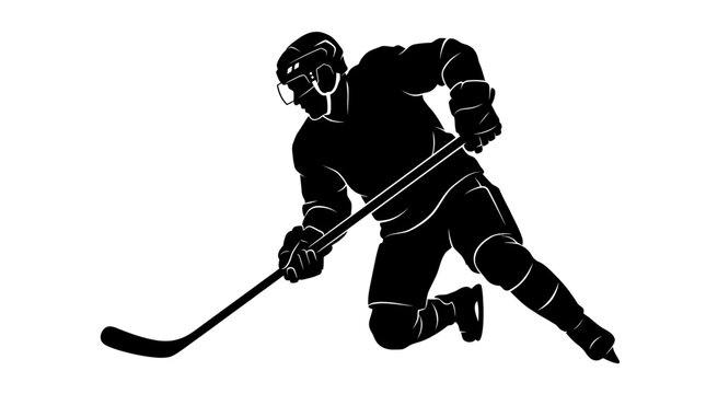 Ice hockey player silhouette vector, professional athlete skating with stick and puck, black and white sports graphic for team logos and apparel