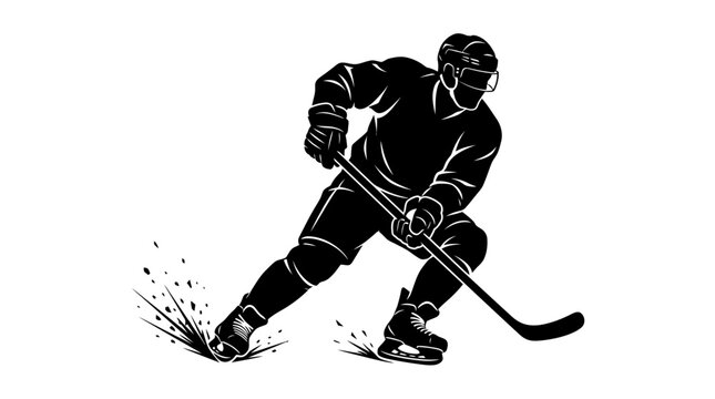 Ice hockey player silhouette vector, professional athlete skating with stick and puck, dynamic sports action figure in black and white