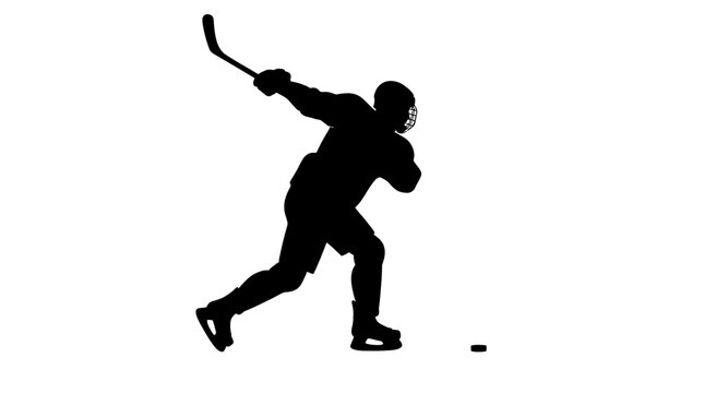Ice hockey player silhouette, professional athlete taking a powerful slap shot, black vector figure on white background, winter sports action