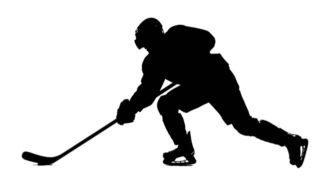 Ice hockey player silhouette, professional athlete skating with stick vector, black sports figure isolated on white background