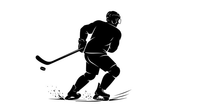 Ice hockey player silhouette vector, professional athlete skating with stick and puck, dynamic winter sports action graphic on white background