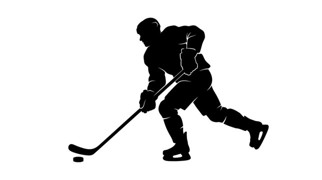 Ice hockey player silhouette, professional athlete skating with stick and puck, black vector graphic for sports branding and team logos