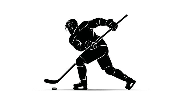 Ice hockey player silhouette vector, professional athlete taking a slap shot on ice, black and white sports graphic for team logos and apparel