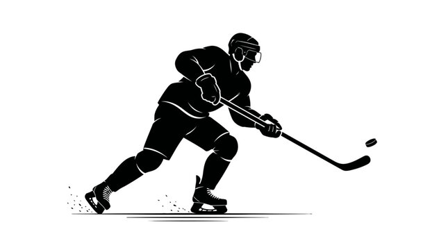 Ice hockey player silhouette in action, professional athlete skating with stick and puck, black and white sports vector illustration for logo design