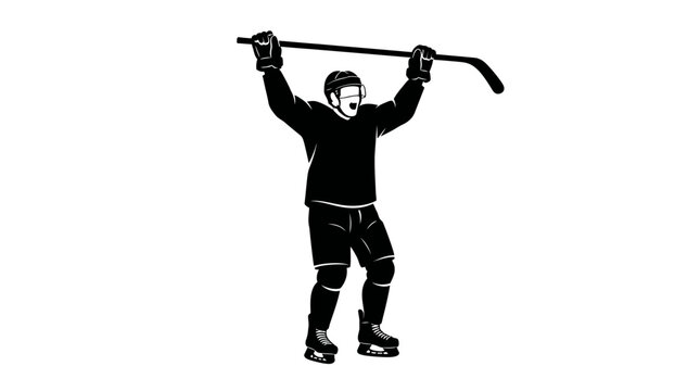 Ice hockey player celebrating goal victory, black and white silhouette of athlete raising stick, professional hockey sportsman vector illustration