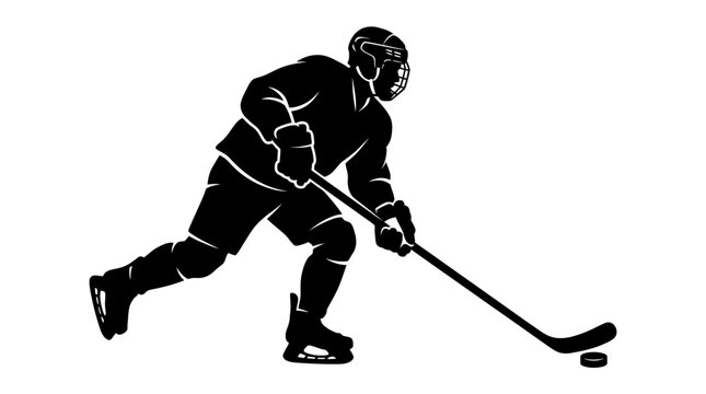 Ice hockey player silhouette, professional athlete skating with stick and puck, black and white sports vector illustration