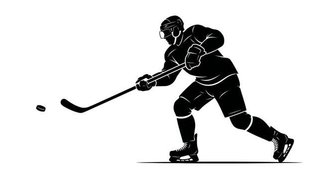 Ice hockey player silhouette vector, professional athlete shooting puck on rink, black and white sports action illustration for team logos