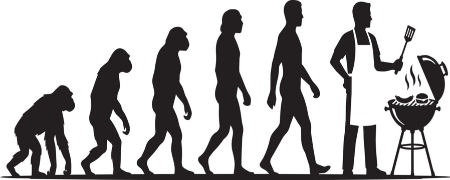Evolution of man to BBQ master silhouette, human progress to grilling chef vector, funny barbecue evolution concept for father's day isolated on White Background