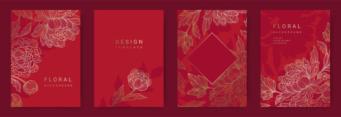 Elegant set of luxurious red backgrounds with golden lines of peony flowers and leaves. Floral frame. Vector templates for wedding invitation, greeting card, packaging, branding, design © Feodora_21