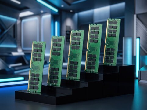 Computer Memory Modules Display: Five green circuit boards, likely RAM modules, are arranged on a black stepped display stand in a futuristic or modern environment with blue lighting.