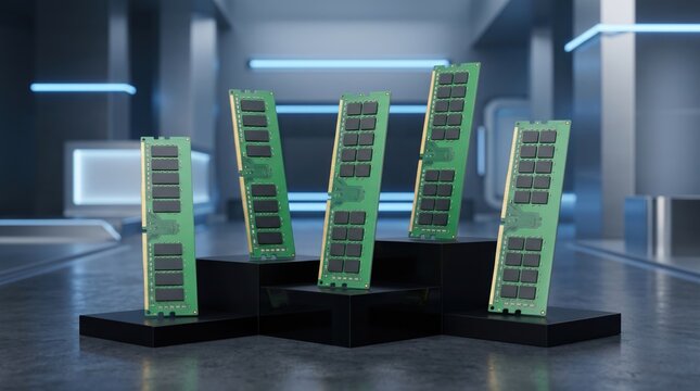RAM Sticks on Display: A futuristic display showcases multiple RAM modules, their green circuit boards and intricate chips gleaming under cool blue lights in a modern, high-tech setting.