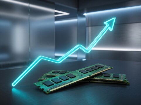 RAM Modules and Growth Chart: A neon blue arrow graph indicates upward growth, symbolizing progress and expansion, placed in front of several computer memory modules on a dark, reflective surface.