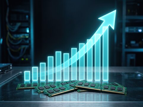 Data Growth in Server Room: A 3D illustration depicts a glowing blue bar chart with an upward trending arrow, symbolizing data growth and performance increase.