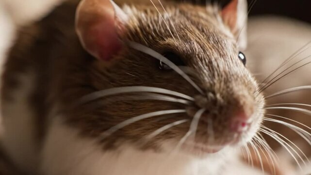 Close-up of a domestic pet rat looking directly into the camera with curiosity, whiskers, cute eyes, and light brown fur