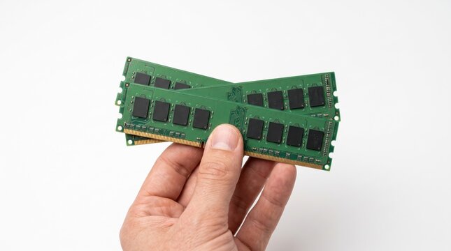 RAM Modules in Hand: Two green RAM modules, essential computer components, are held in a hand against a clean, bright background, highlighting their intricate circuitry and function.