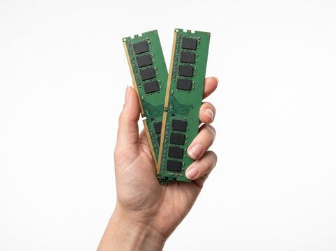 RAM Modules in Hand: A close-up shot shows a person's hand holding two green RAM modules, illustrating computer memory and data storage components.