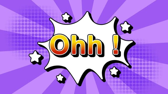 Ohh text word lettering popup comic cartoon reveal with bomb and smoke explosion manga anime book page dots with radial speed lines doodle lavender background with seamless loop animation retro clip