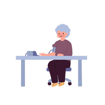 血圧を測定する高齢女性のイラスト / Illustration of an Elderly Woman Measuring Her Blood Pressure